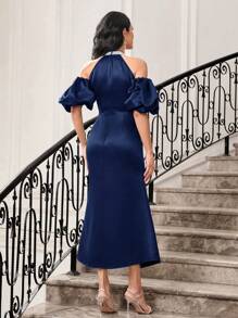 Modelyn Cold Shoulder Mermaid Hem Satin Dress Without Belt - Navy Blue - View 2