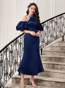 Modelyn Cold Shoulder Mermaid Hem Satin Dress Without Belt - Navy Blue - View 5