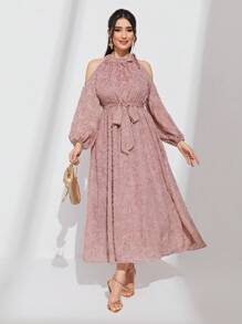 Modelyn 挖肩燈籠袖腰帶毛茸茸連衣裙