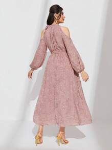 Modelyn 挖肩燈籠袖腰帶毛茸茸連衣裙