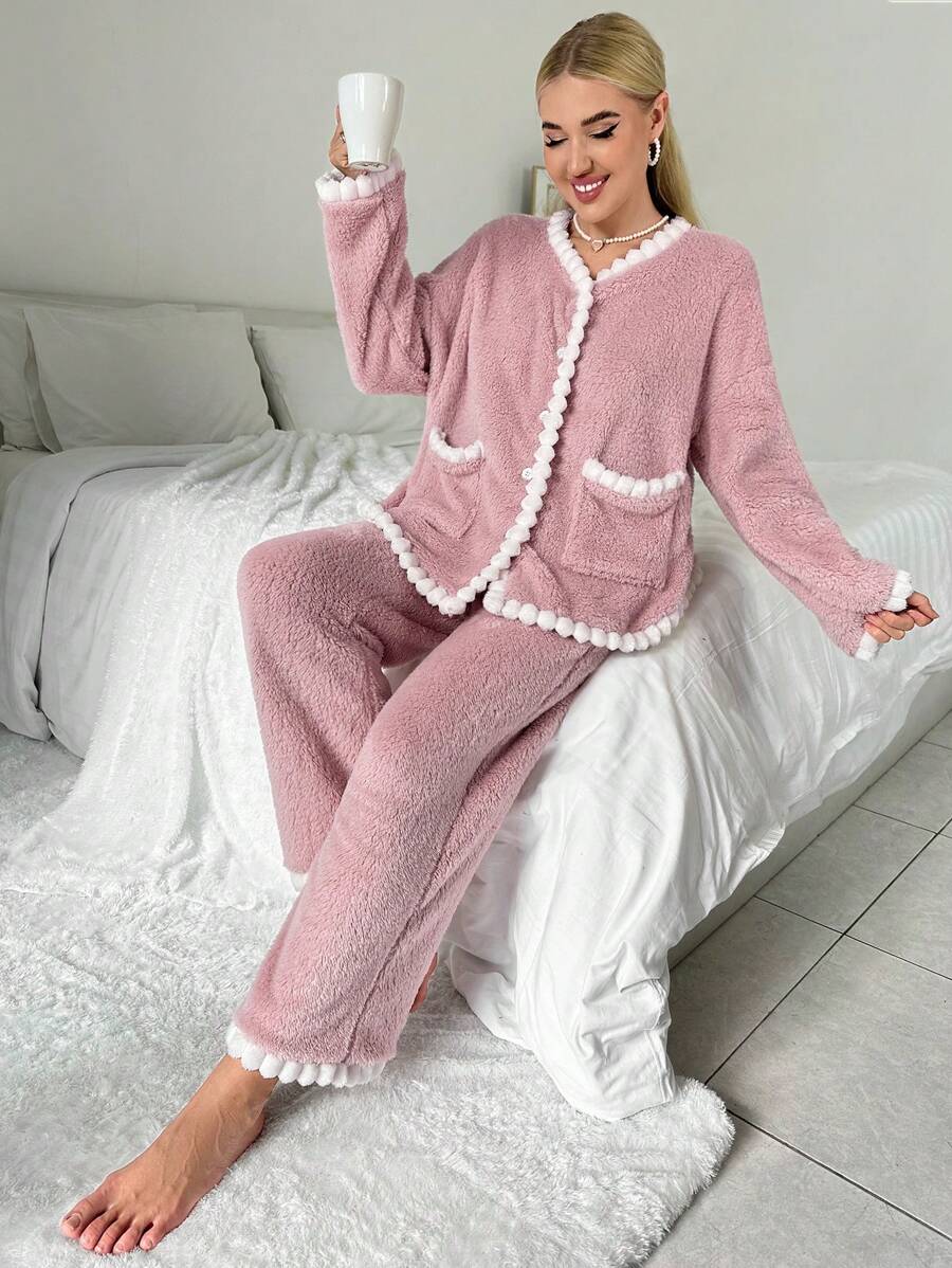 Contrast Trim Dual Pocket Lounge Set Holiday Season Cozy Outfit, Fall Winter Clothes - Dusty Pink - View 1