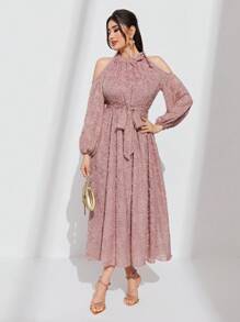 Modelyn 挖肩燈籠袖腰帶毛茸茸連衣裙