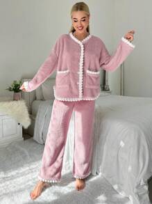 Contrast Trim Dual Pocket Lounge Set Holiday Season Cozy Outfit, Fall Winter Clothes - Dusty Pink - View 5