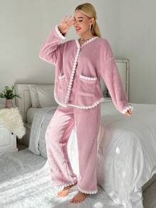 Contrast Trim Dual Pocket Lounge Set Holiday Season Cozy Outfit, Fall Winter Clothes - Dusty Pink - View 6