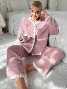 Contrast Trim Dual Pocket Lounge Set Holiday Season Cozy Outfit, Fall Winter Clothes - Dusty Pink - View 4
