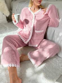 Contrast Trim Dual Pocket Lounge Set Holiday Season Cozy Outfit, Fall Winter Clothes - Dusty Pink - View 3
