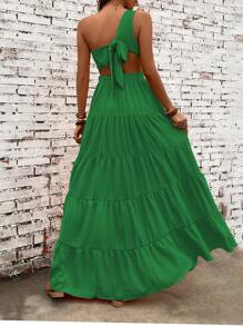 Breezaya One Shoulder Cut Out Waist Ruffle Hem Dress Maxi Vacation Beach Outfits Women