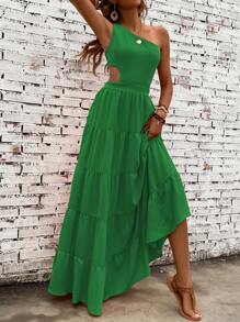 Breezaya One Shoulder Cut Out Waist Ruffle Hem Dress Maxi Vacation Beach Outfits Women