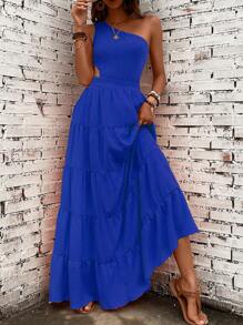 Breezaya 單肩鏤空荷葉邊連衣裙 - 藍色 - 查看 4