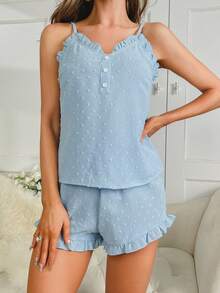 Swiss Dot Frill Trim Cami Top & Shorts PJ Set - Blue - View 3