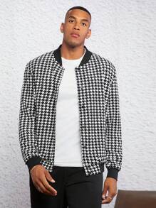 GENTILAND Chaqueta tipo bomber de ajuste suelto con estampado de pata de gallo para hombre (No incluye camiseta) - Blanco y Negro - Ver 3