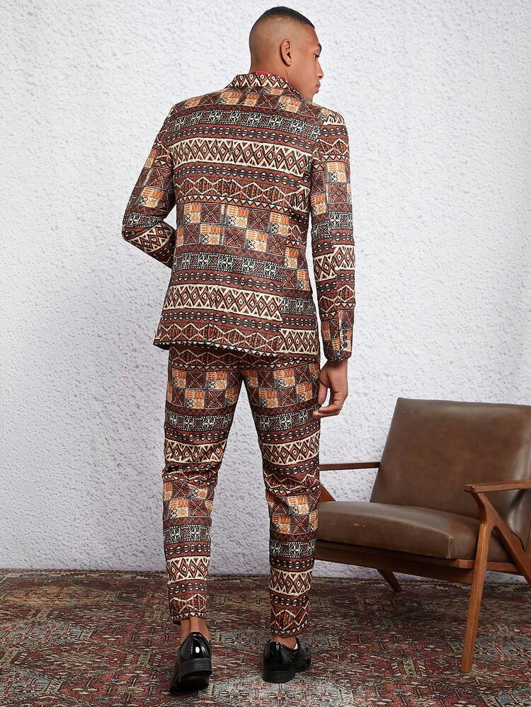 Men 1pc Geo Print Single Button Blazer & 1pc Pants