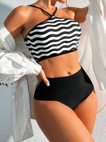 人字紋高腰泳衣 - 黑與白 - 查看 4