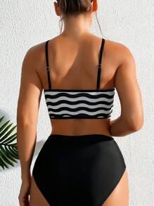 人字紋高腰泳衣 - 黑與白 - 查看 5