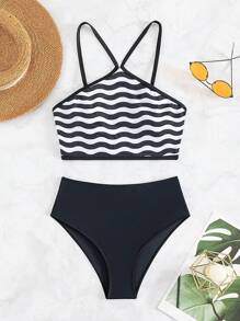 人字紋高腰泳衣 - 黑與白 - 查看 3