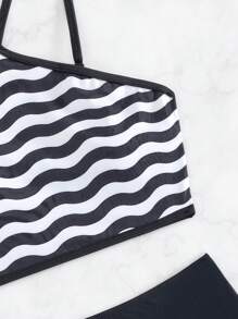 人字紋高腰泳衣 - 黑與白 - 查看 8