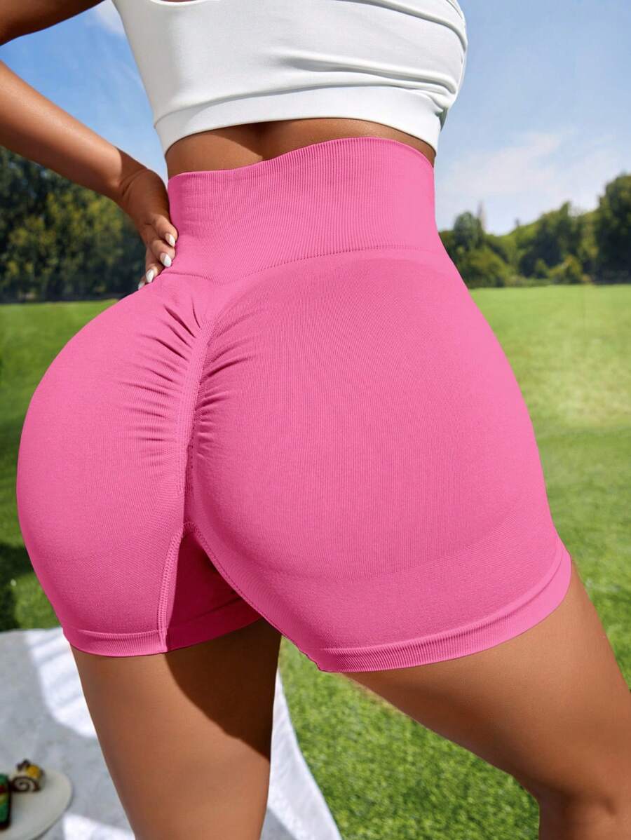 Gameset SHEIN Sport Sport Ladies' Pink Ribbed Seamless Knitted High Waist Short Pants, Lifting Contour Yoga Fitness Shorts For Running&Cycling - Hot Pink - View 1
