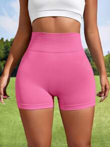 Gameset SHEIN Sport Sport Ladies' Pink Ribbed Seamless Knitted High Waist Short Pants, Lifting Contour Yoga Fitness Shorts For Running&Cycling - Hot Pink - View 3