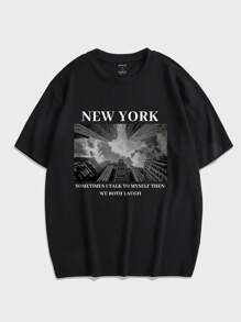 男士標語圖案T恤 - 黑色 - 查看 1