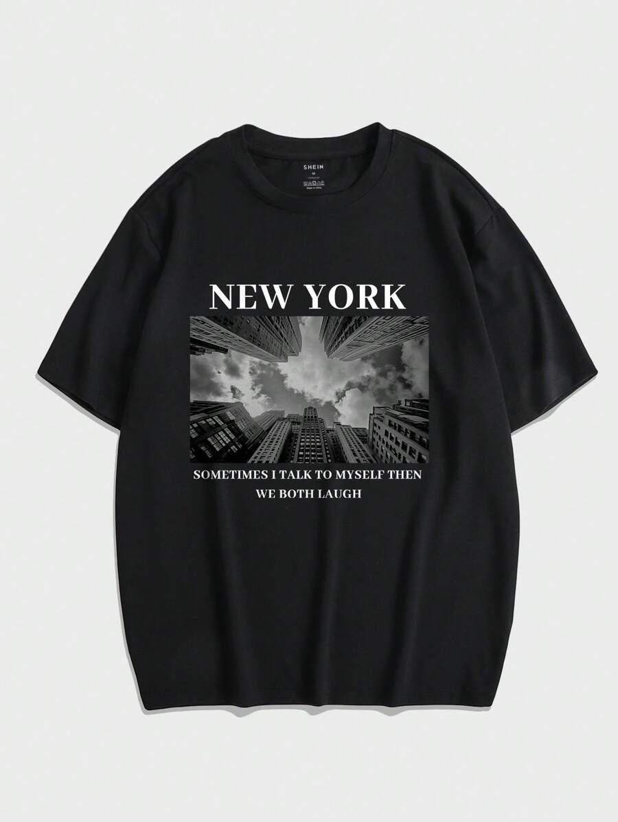 男士標語圖案T恤 - 黑色 - 查看 1