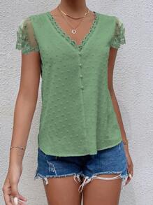 EMERY ROSE 圓點蕾絲拼接襯衫 - 綠色 - 查看 4