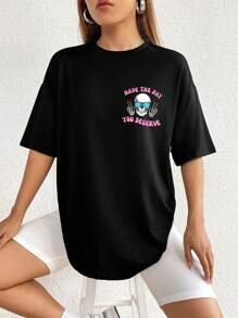 INAWLY 万圣节骷髅和口号图案落肩 T 恤 HAVE THE DAY YOU DESERVE 图案 T 恤 女式上衣 - 黑色 - 查看 5