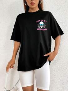 INAWLY 万圣节骷髅和口号图案落肩 T 恤 HAVE THE DAY YOU DESERVE 图案 T 恤 女式上衣 - 黑色 - 查看 6