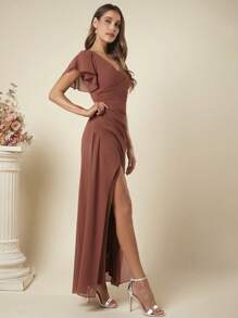 SHEIN Belle Butterfly Sleeve Split Thigh Chiffon Dress Elegant Bridesmaid Dress - Rust Brown - View 4