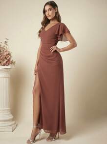 SHEIN Belle Butterfly Sleeve Split Thigh Chiffon Dress Elegant Bridesmaid Dress - Rust Brown - View 5
