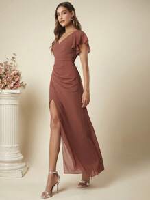 SHEIN Belle Butterfly Sleeve Split Thigh Chiffon Dress Elegant Bridesmaid Dress - Rust Brown - View 7