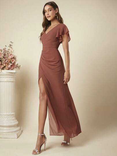 SHEIN Belle Butterfly Sleeve Split Thigh Chiffon Dress Elegant Bridesmaid Dress