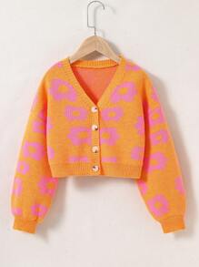 SHEIN 少女向向日葵提花v領針織開衫 - 亮橙色 - 查看 1