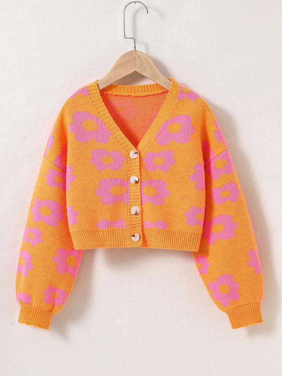 SHEIN 少女向向日葵提花v領針織開衫 - 亮橙色 - 查看 1