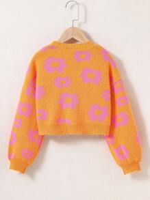 SHEIN 少女向向日葵提花v領針織開衫 - 亮橙色 - 查看 2