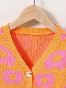 SHEIN 少女向向日葵提花v領針織開衫 - 亮橙色 - 查看 3