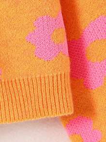 SHEIN 少女向向日葵提花v領針織開衫 - 亮橙色 - 查看 4