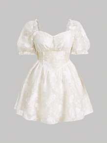 SHEIN Unity 大碼提花雞心領口泡泡袖連衣裙 - 杏色 - 查看 1