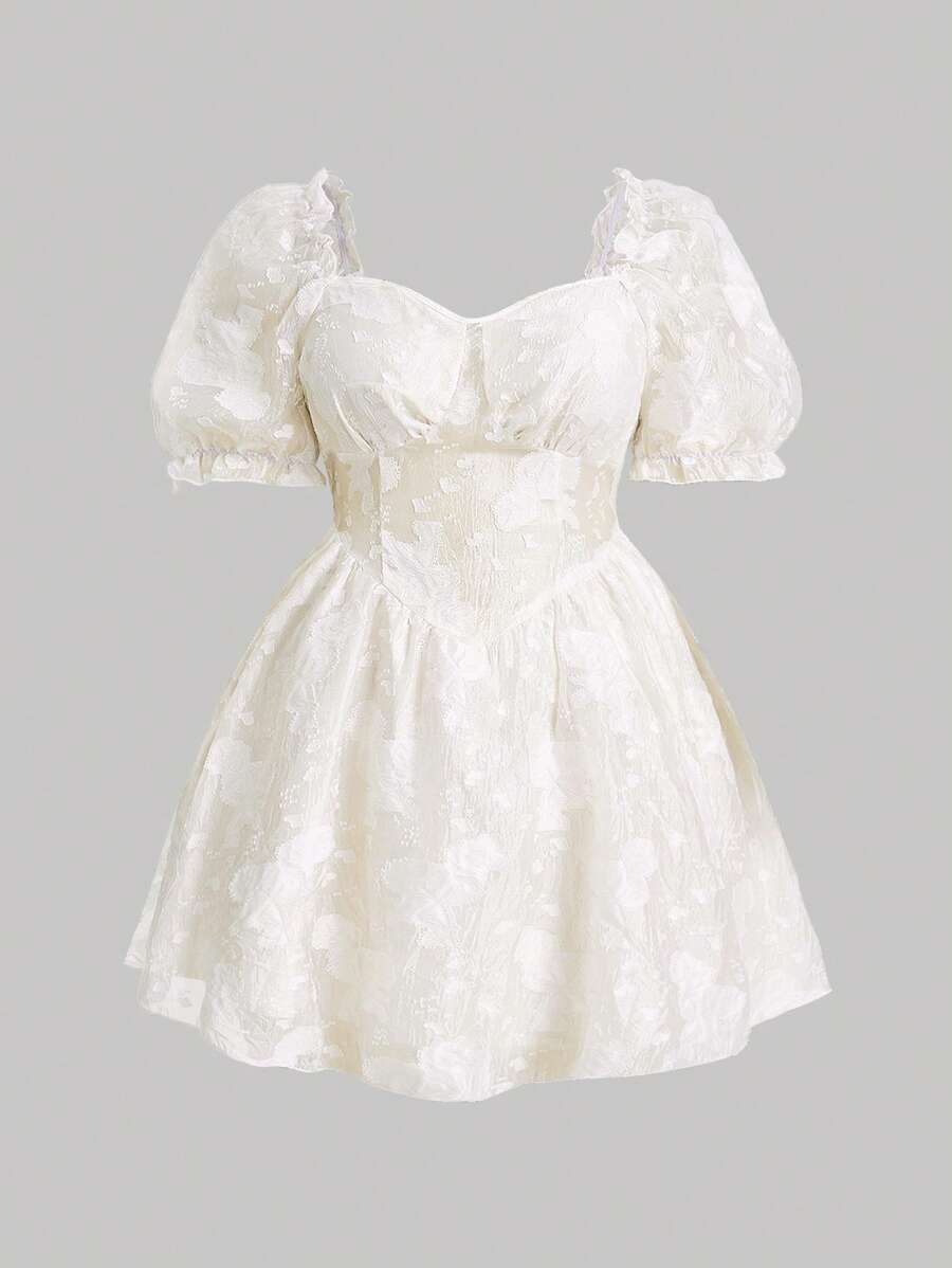 SHEIN Unity 大碼提花雞心領口泡泡袖連衣裙 - 杏色 - 查看 1