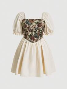 Flirla Plus Floral Print Puff Sleeve Dress - Multicolor - View 1