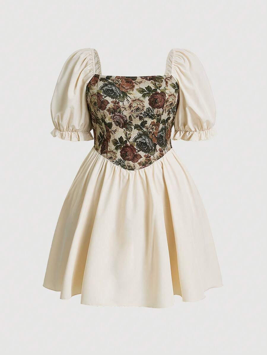 Flirla Plus Floral Print Puff Sleeve Dress - Multicolor - View 1