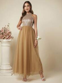 SHEIN Belle Contrast Sequin Mesh Hem Halter Dress - Mocha Brown - View 4