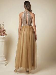 SHEIN Belle Contrast Sequin Mesh Hem Halter Dress - Mocha Brown - View 3