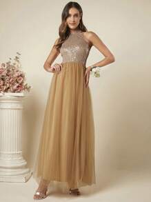 SHEIN Belle Contrast Sequin Mesh Hem Halter Dress - Mocha Brown - View 5