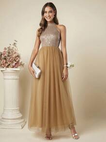 SHEIN Belle Contrast Sequin Mesh Hem Halter Dress - Mocha Brown - View 2