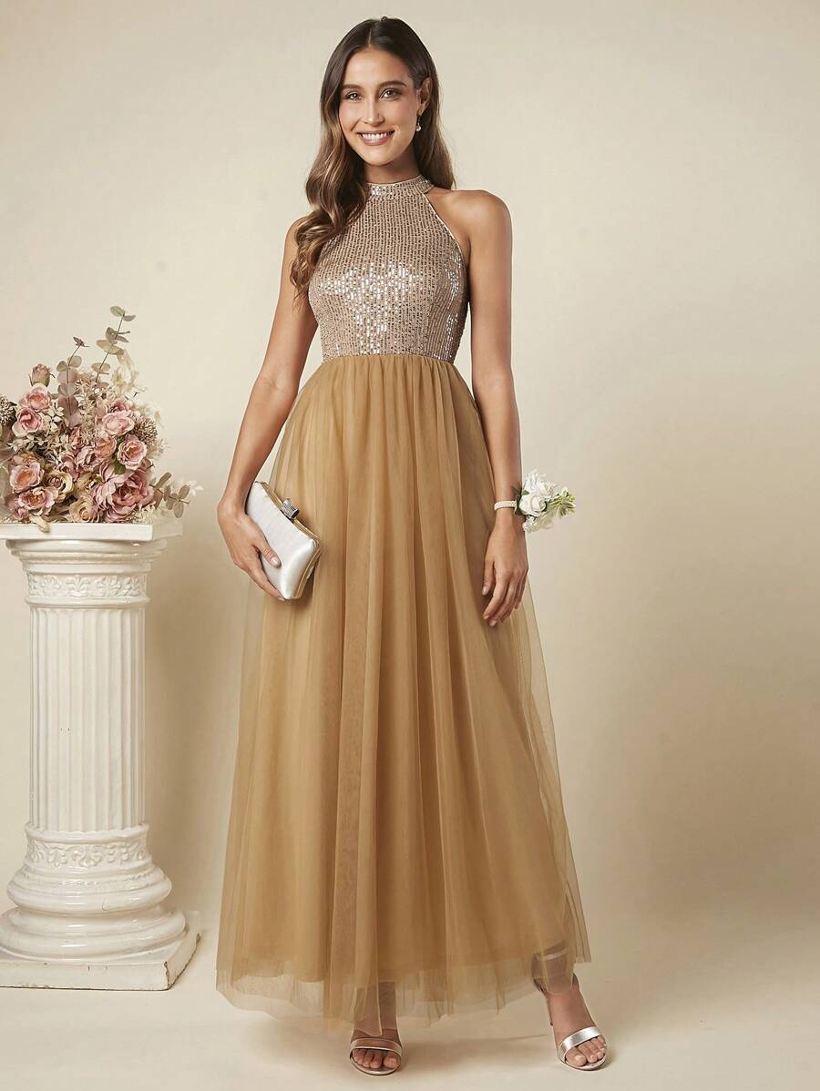 SHEIN Belle Contrast Sequin Mesh Hem Halter Dress