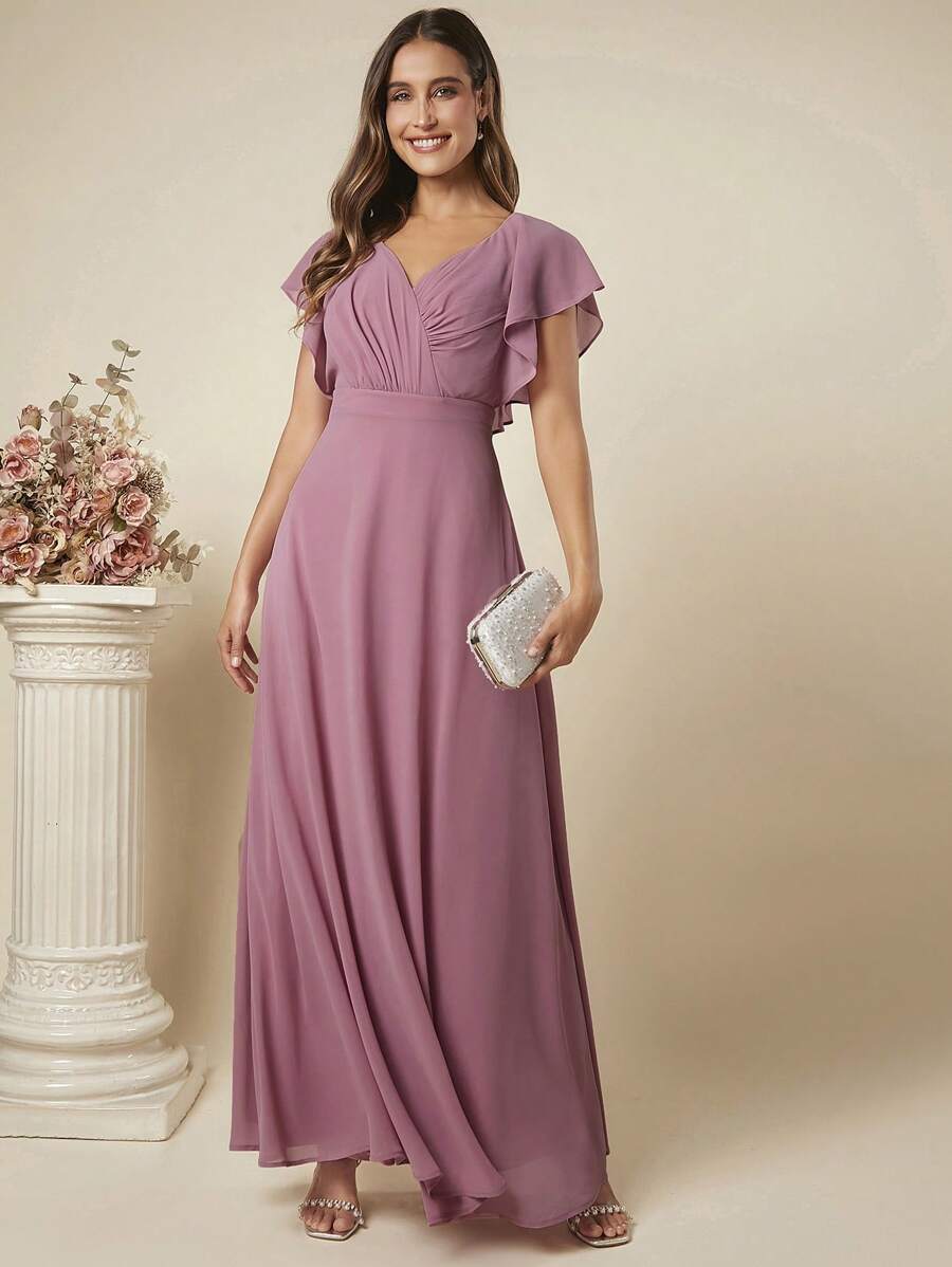 SHEIN Belle Butterfly Sleeve Maxi Chiffon Dress - Purple - View 1