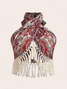 Breezaya 佩斯利印花流苏边吊带背心 图案 T 恤 女式上衣