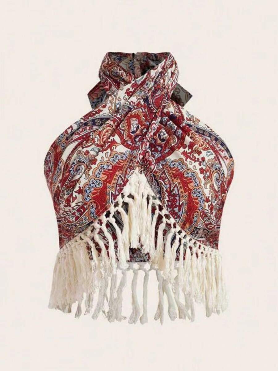 Breezaya 佩斯利印花流苏边吊带背心 图案 T 恤 女式上衣