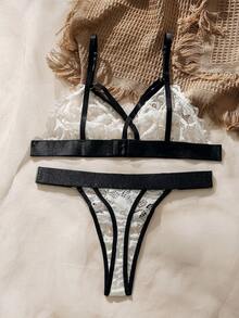 SHEIN Ren hoa Vòng liên Bộ đồ lót - Đen và trắng - Xem 2