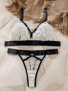 SHEIN Ren hoa Vòng liên Bộ đồ lót - Đen và trắng - Xem 3